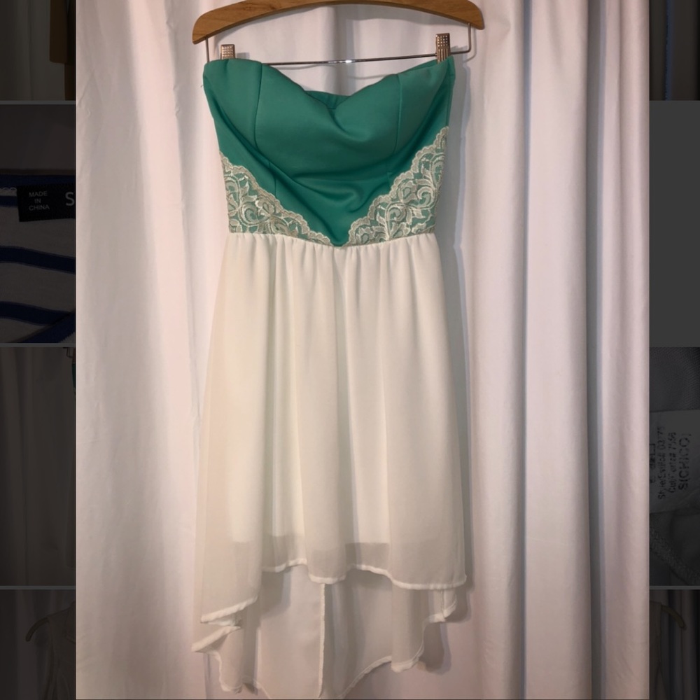 Green and White Strapless High/Low Dress